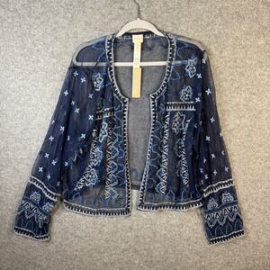 Chico's Navy Blue Embroidered Open Front Sheer Festival Jacket Size 4
